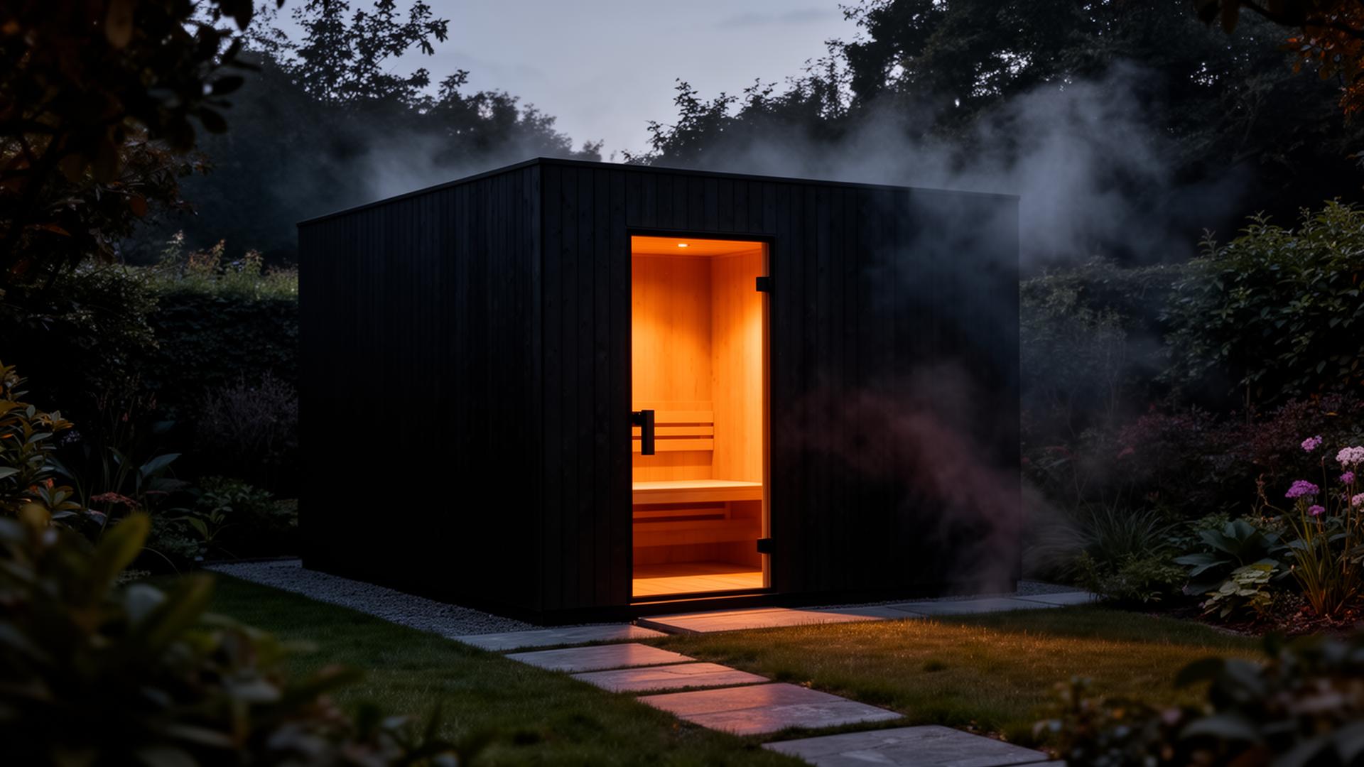 Premium black garden sauna glowing amber at twilight